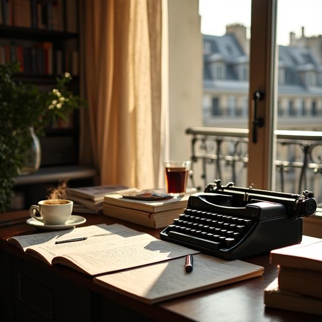 Bureau d'écrivain créatif avec manuscrits à Paris
